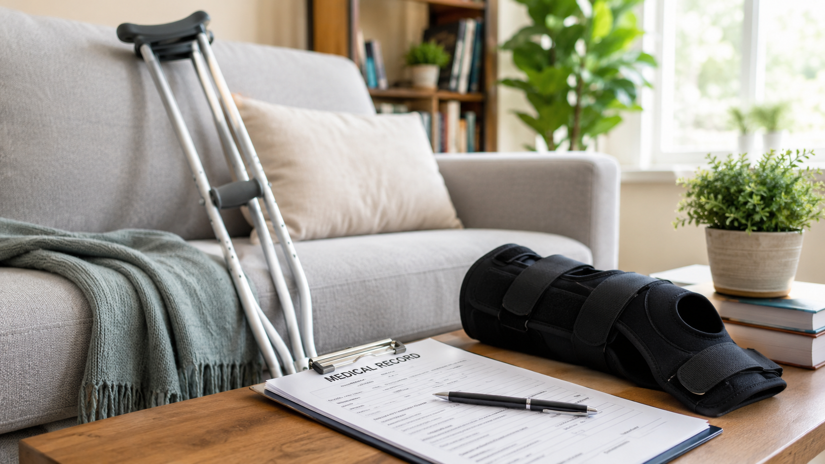 Home recovery setup showing personal injury treatment, medical evidence, damages, and claim support after a car accident.