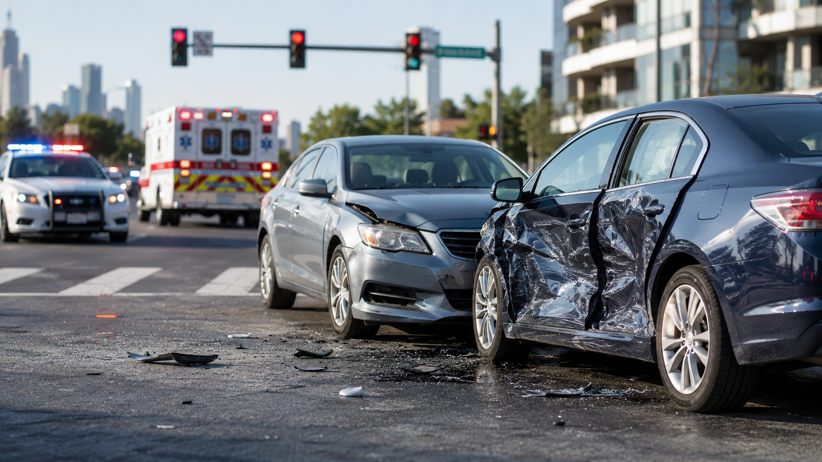 Denver car accident scene with emergency responders, evidence for an attorney claim involving injury, liability, and compensation.